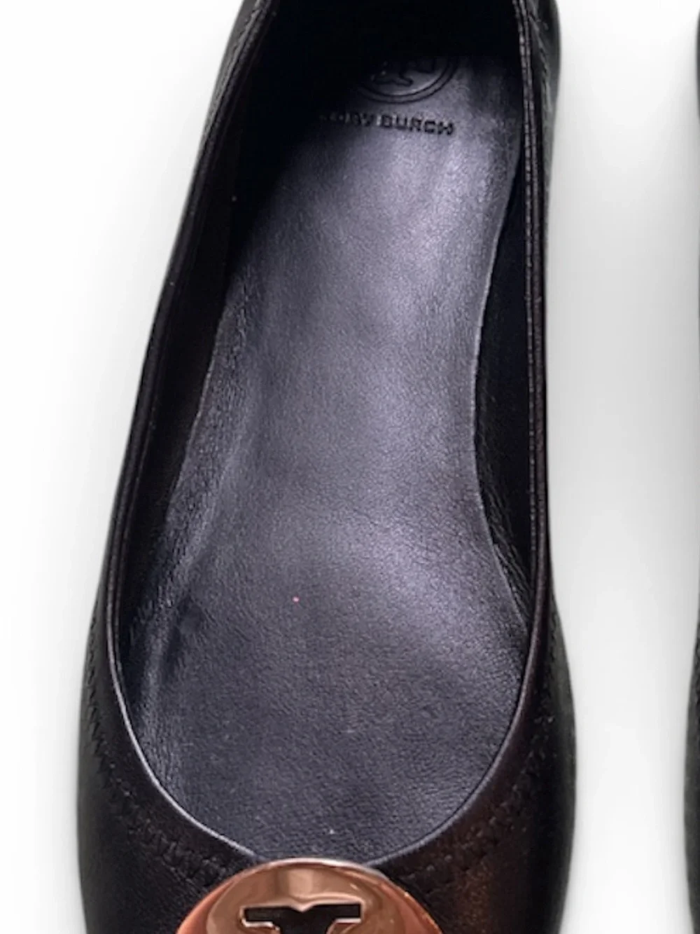 Tory Burch Black Leather Flats with Gold Logo Medallion